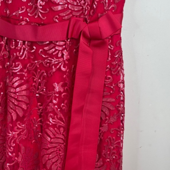 TADASHI SHOJI Red Lace Dress 6 Illusion Neck Sequin Bow Holiday Christmas Formal - Picture 7 of 16